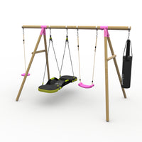 Plum® Gibbon™ Wooden Swing Set - Single Swing, Glide Nest Swing, Disc Seat & Punch Bag product image