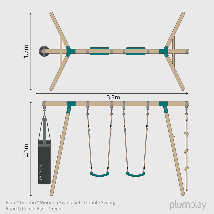 Plum® Gibbon™ Wooden Swing Set - Double Swing, Rope & Punch Bag