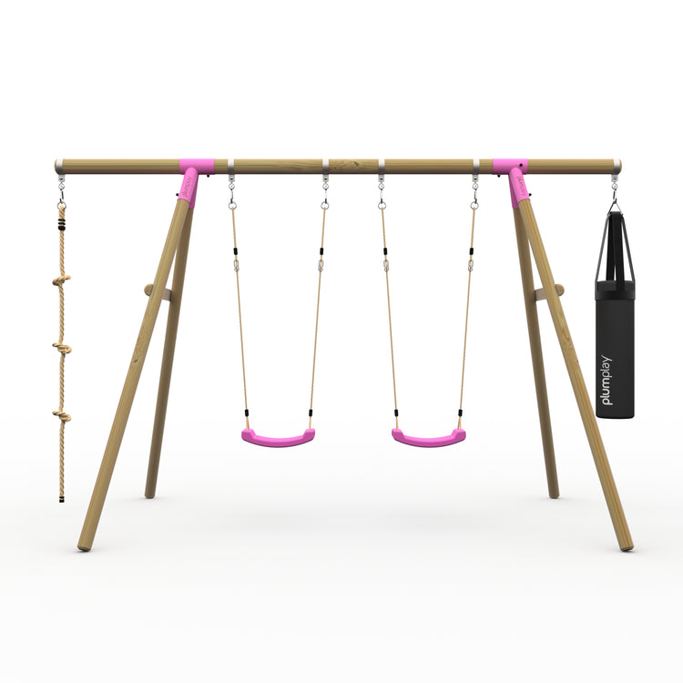 Plum® Gibbon™ Wooden Swing Set - Double Swing, Rope & Punch Bag