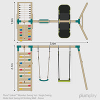 Plum® Uakari™ Wooden Swing Set - Single Swing, Glide Nest Swing & Climbing Wall product image
