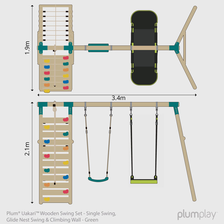 Plum® Uakari™ Wooden Swing Set - Single Swing, Glide Nest Swing & Climbing Wall