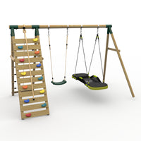 Plum® Uakari™ Wooden Swing Set - Single Swing, Glide Nest Swing & Climbing Wall product image