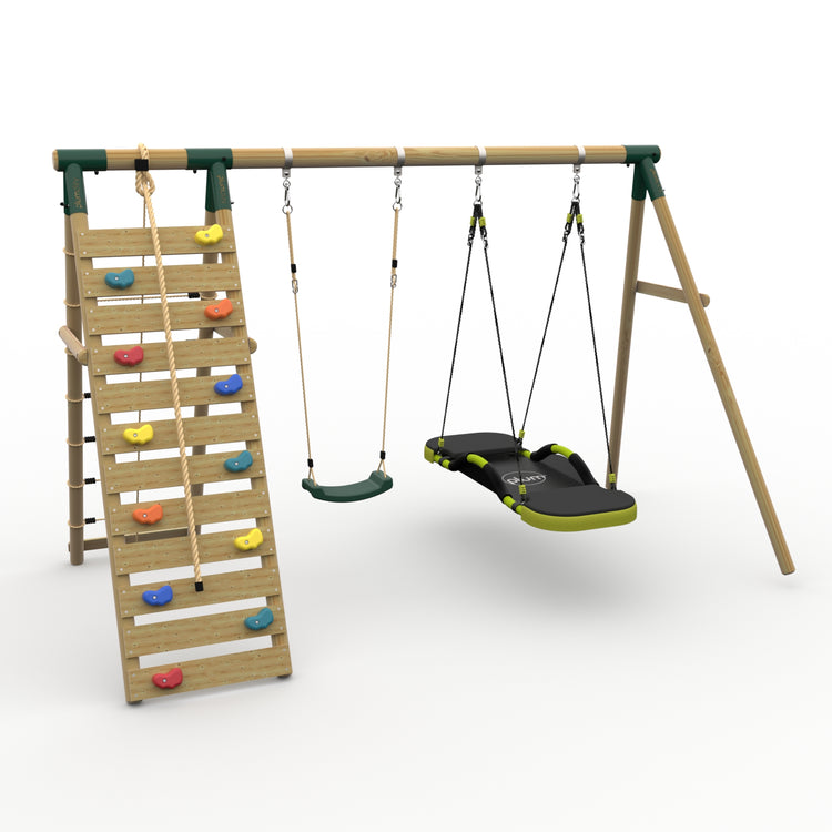 Plum® Uakari™ Wooden Swing Set - Single Swing, Glide Nest Swing & Climbing Wall