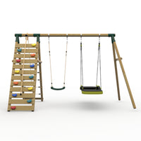 Plum® Uakari™ Wooden Swing Set - Single Swing, Glide Nest Swing & Climbing Wall product image