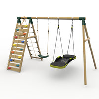 Plum® Uakari™ Wooden Swing Set - Single Swing, Glide Nest Swing & Climbing Wall product image