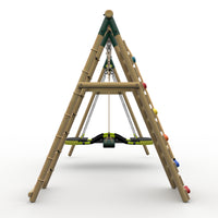 Plum® Uakari™ Wooden Swing Set - Single Swing, Glide Nest Swing & Climbing Wall product image