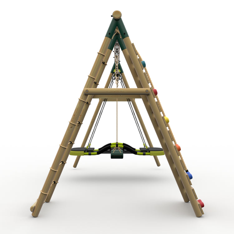 Plum® Uakari™ Wooden Swing Set - Single Swing, Glide Nest Swing & Climbing Wall