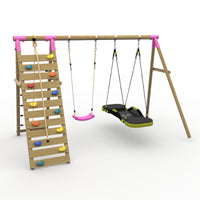 Plum® Uakari™ Wooden Swing Set - Single Swing, Glide Nest Swing & Climbing Wall product image
