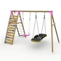 Plum® Uakari™ Wooden Swing Set - Single Swing, Glide Nest Swing & Climbing Wall product image