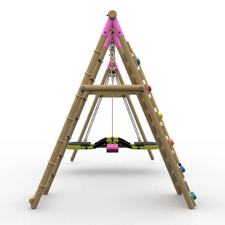Plum® Uakari™ Wooden Swing Set - Single Swing, Glide Nest Swing & Climbing Wall