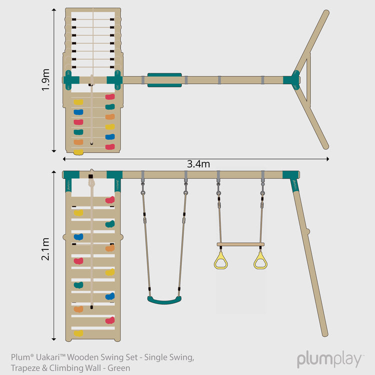 Plum® Uakari™ Wooden Swing Set - Single Swing, Trapeze & Climbing Wall