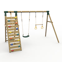 Plum® Uakari™ Wooden Swing Set - Single Swing, Trapeze & Climbing Wall product image