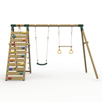 Plum® Uakari™ Wooden Swing Set - Single Swing, Trapeze & Climbing Wall product image