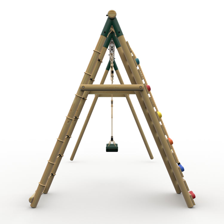 Plum® Uakari™ Wooden Swing Set - Single Swing, Trapeze & Climbing Wall