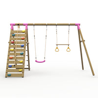 Plum® Uakari™ Wooden Swing Set - Single Swing, Trapeze & Climbing Wall product image