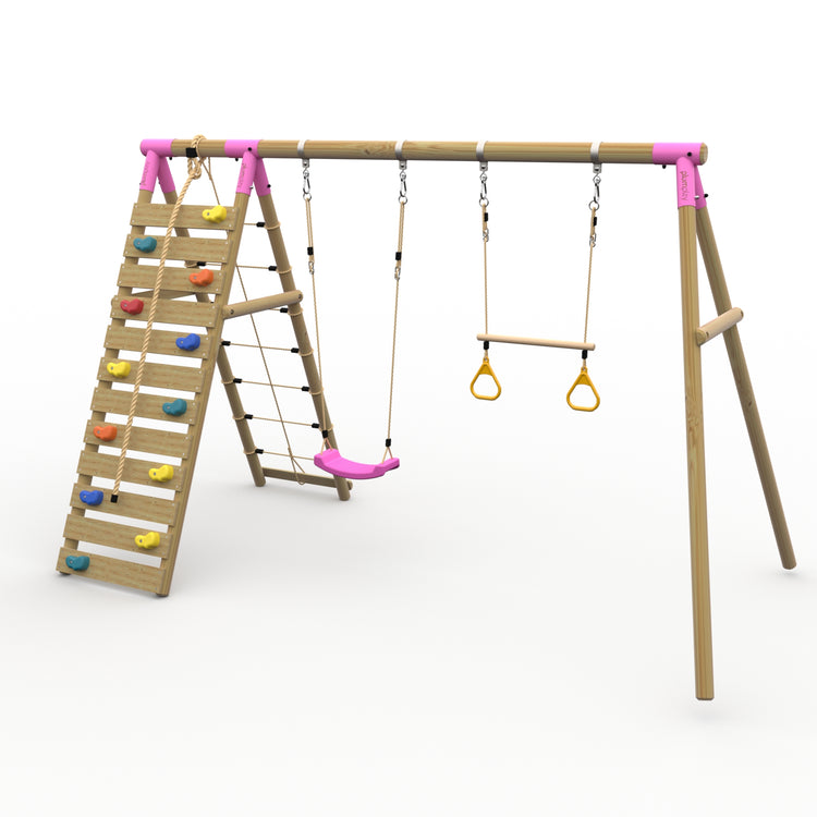 Plum® Uakari™ Wooden Swing Set - Single Swing, Trapeze & Climbing Wall