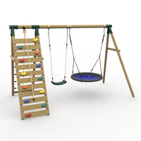 Plum® Uakari™ Wooden Swing Set - Single Swing, Nest Swing & Climbing Wall product image