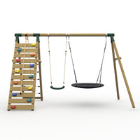 Plum® Uakari™ Wooden Swing Set - Single Swing, Nest Swing & Climbing Wall product image