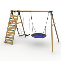 Plum® Uakari™ Wooden Swing Set - Single Swing, Nest Swing & Climbing Wall product image