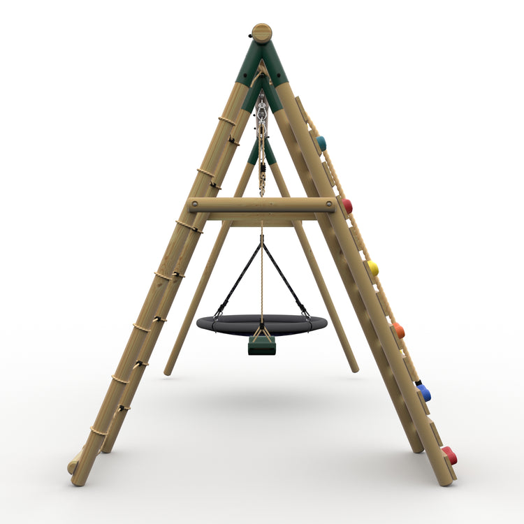Plum® Uakari™ Wooden Swing Set - Single Swing, Nest Swing & Climbing Wall