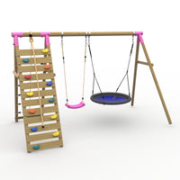 Plum® Uakari™ Wooden Swing Set - Single Swing, Nest Swing & Climbing Wall product image