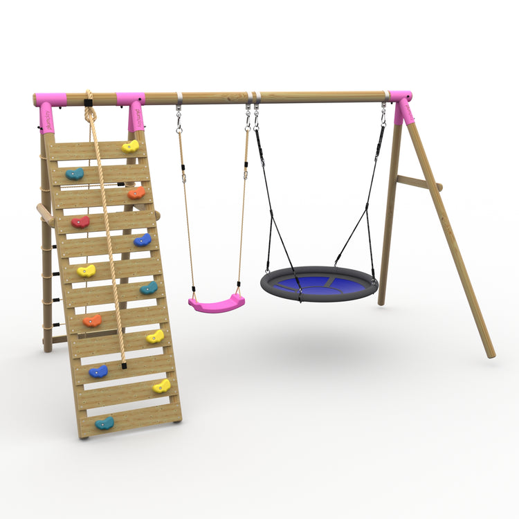 Plum® Uakari™ Wooden Swing Set - Single Swing, Nest Swing & Climbing Wall