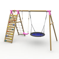 Plum® Uakari™ Wooden Swing Set - Single Swing, Nest Swing & Climbing Wall product image