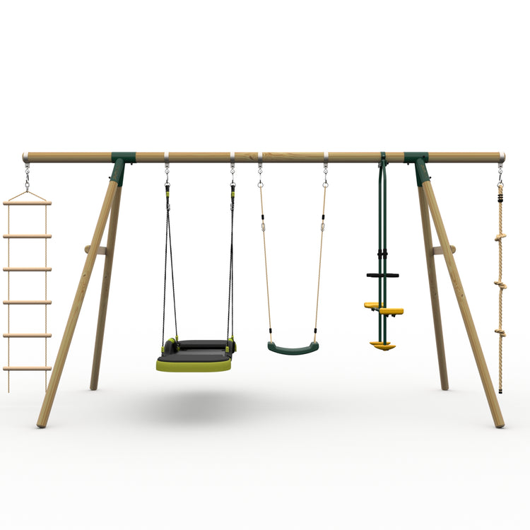 Plum® Meerkat Wooden Swing Set - Glide Nest Swing, Rope, Glider, Deck & Slide