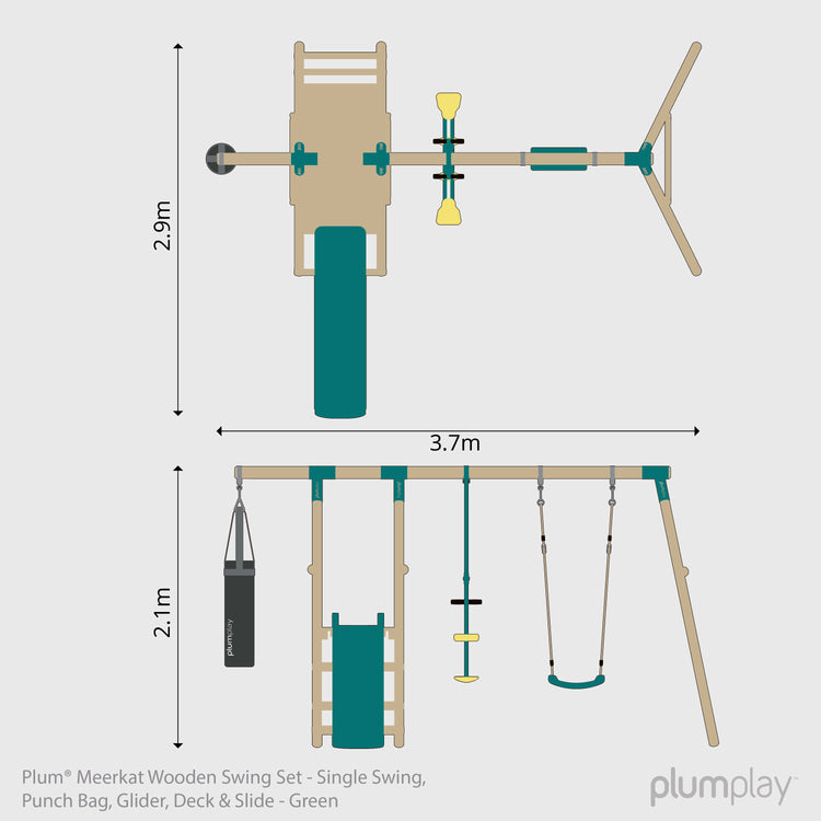 Plum® Meerkat Wooden Swing Set - Single Swing, Punch Bag, Glider, Deck & Slide