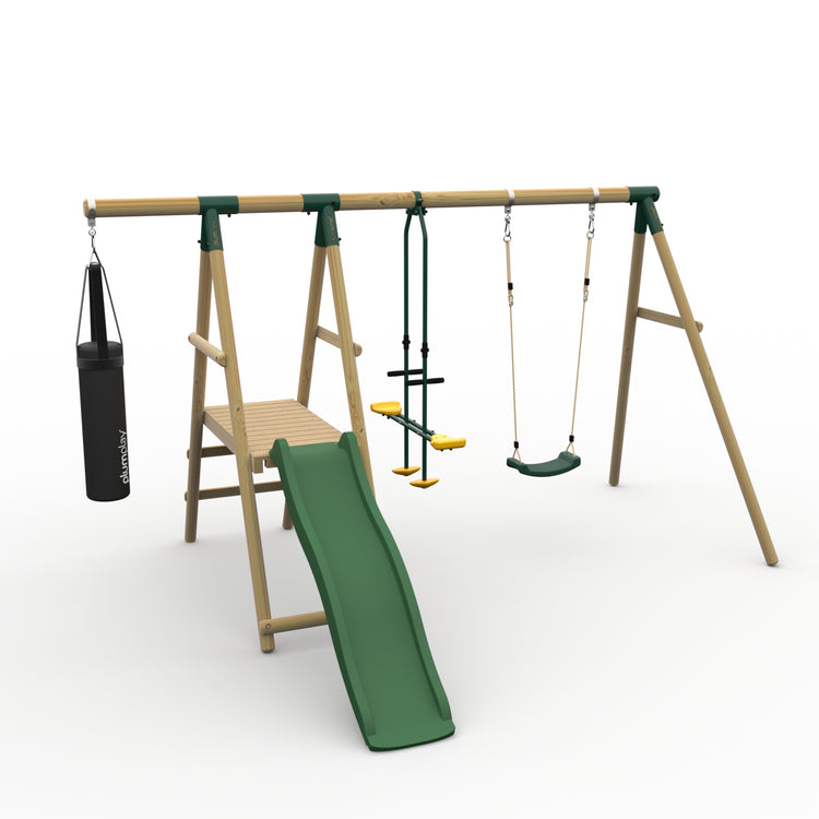 Plum® Meerkat Wooden Swing Set - Single Swing, Punch Bag, Glider, Deck & Slide