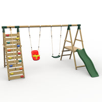 Plum® Woolly Monkey II™ Wooden Swing Set - Single Swing, Baby Seat, Climbing Wall, Deck & Slide product image