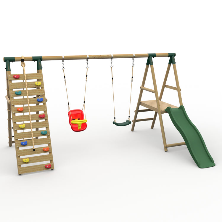 Plum® Woolly Monkey II™ Wooden Swing Set - Single Swing, Baby Seat, Climbing Wall, Deck & Slide