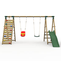 Plum® Woolly Monkey II™ Wooden Swing Set - Single Swing, Baby Seat, Climbing Wall, Deck & Slide product image