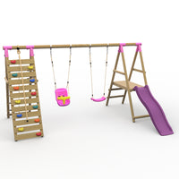 Plum® Woolly Monkey II™ Wooden Swing Set - Single Swing, Baby Seat, Climbing Wall, Deck & Slide product image