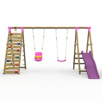 Plum® Woolly Monkey II™ Wooden Swing Set - Single Swing, Baby Seat, Climbing Wall, Deck & Slide product image