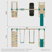 Plum® Woolly Monkey II™ Wooden Swing Set - Single Swing, Glide Nest Swing, Climbing Wall, Deck & Slide product image