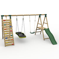 Plum® Woolly Monkey II™ Wooden Swing Set - Single Swing, Glide Nest Swing, Climbing Wall, Deck & Slide product image