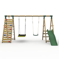 Plum® Woolly Monkey II™ Wooden Swing Set - Single Swing, Glide Nest Swing, Climbing Wall, Deck & Slide product image