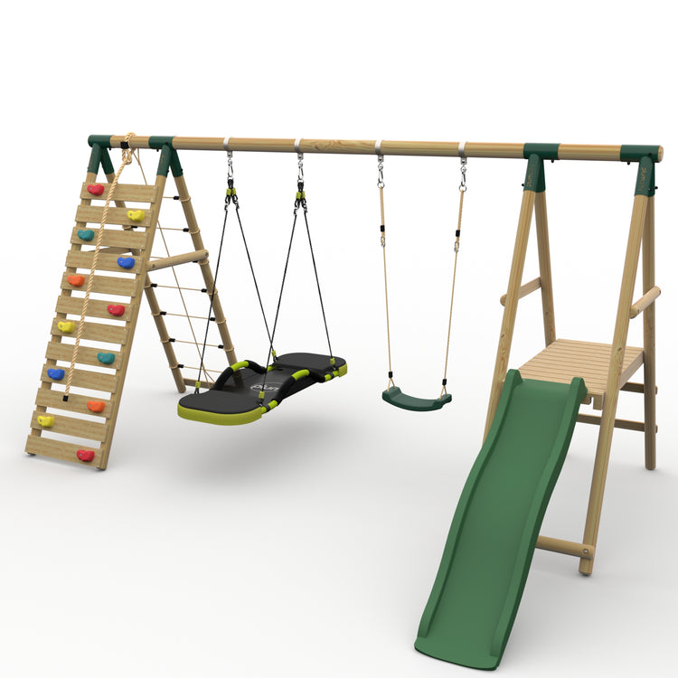 Plum® Woolly Monkey II™ Wooden Swing Set - Single Swing, Glide Nest Swing, Climbing Wall, Deck & Slide