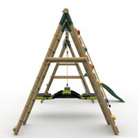 Plum® Woolly Monkey II™ Wooden Swing Set - Single Swing, Glide Nest Swing, Climbing Wall, Deck & Slide product image