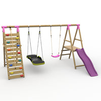 Plum® Woolly Monkey II™ Wooden Swing Set - Single Swing, Glide Nest Swing, Climbing Wall, Deck & Slide product image