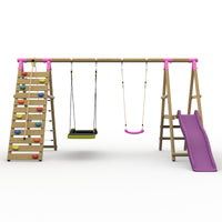 Plum® Woolly Monkey II™ Wooden Swing Set - Single Swing, Glide Nest Swing, Climbing Wall, Deck & Slide product image