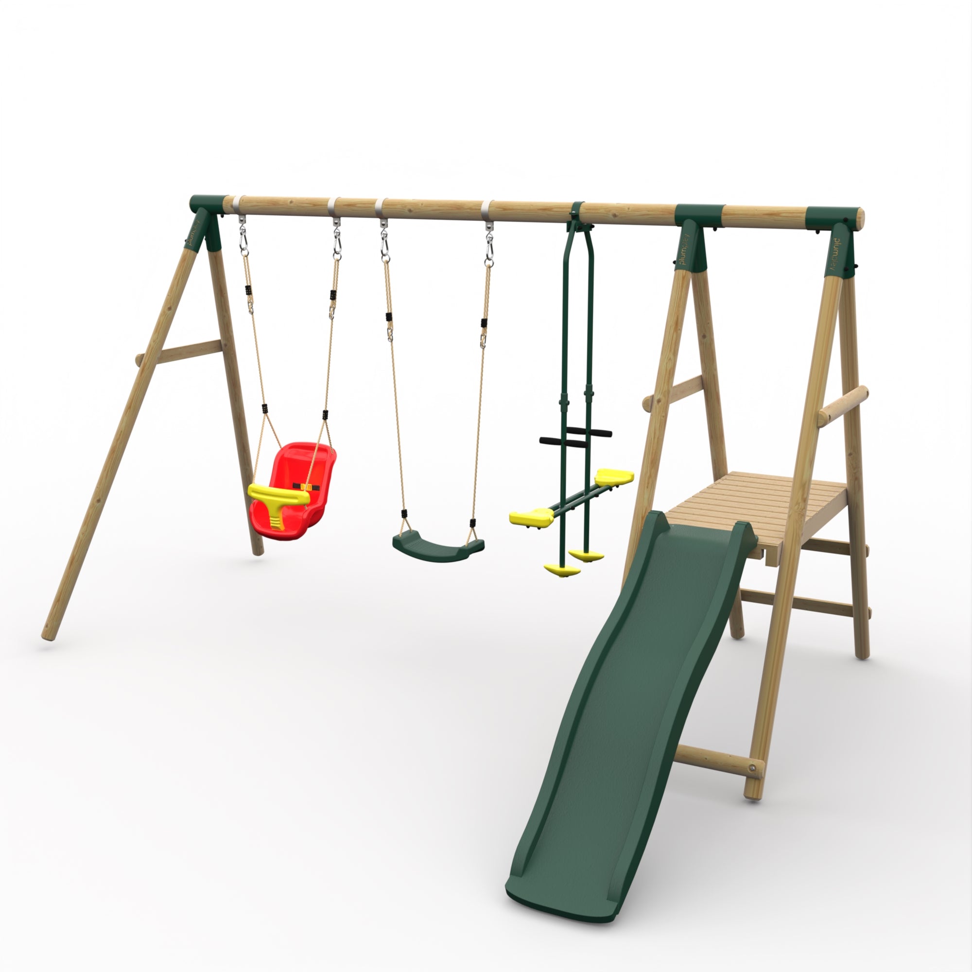 Plum® Lesula Wooden Swing Set - Single Swing, Baby Seat, Glider, Deck & Slide - Green