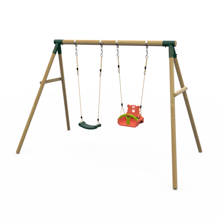 Plum® Marmoset™ Wooden Swing Set - Single Swing & 3 in 1 Baby Seat - Green
