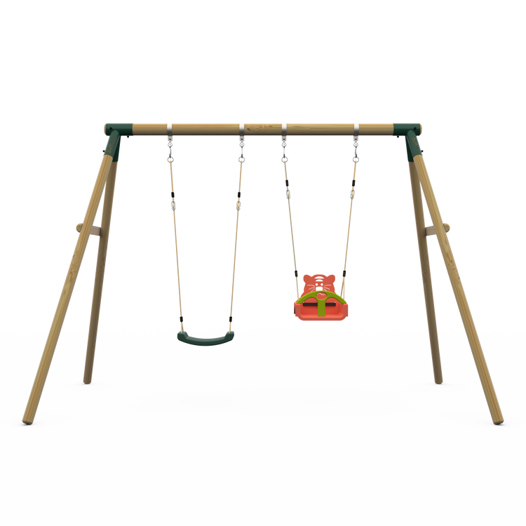 Plum® Marmoset™ Wooden Swing Set - Single Swing & 3 in 1 Baby Seat - Green