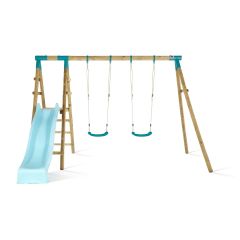 Wooden Swing Set with Double Swing and Slide - Teal