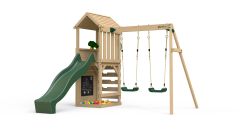 Wooden Lookout Tower Climbing Frame, Slide and Swing Set (Forest Green Edition)