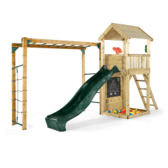 Wooden Lookout Tower Climbing Frame, Slide and Monkey Bars (Forest Green Edition)
